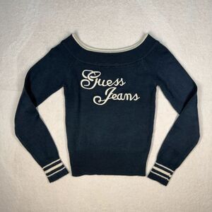Vintage GUESS Jeans Navy Logo Knit Sweater – Size S/P | Y2K